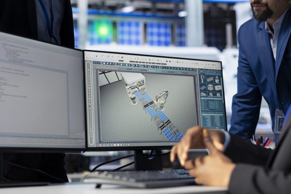 Solar panel manufacturing plant manager checking progress done by technician programming industrial systems developing tools to track and improve equipment performance, close up